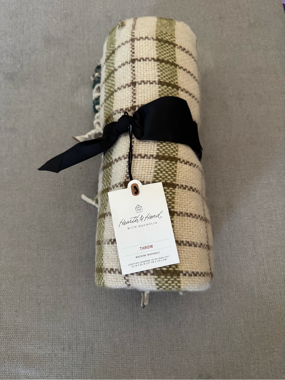 Hearth & Hand Plaid Throw Blanket in Cream, Olive Green, and Brown